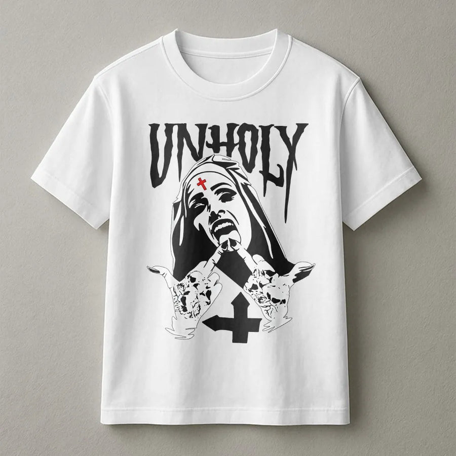 Unholy Nun Graphic T-Shirt | Edgy Goth Streetwear Artwork | Premium Cotton Blend | Gift for Alternative Fashion Lovers