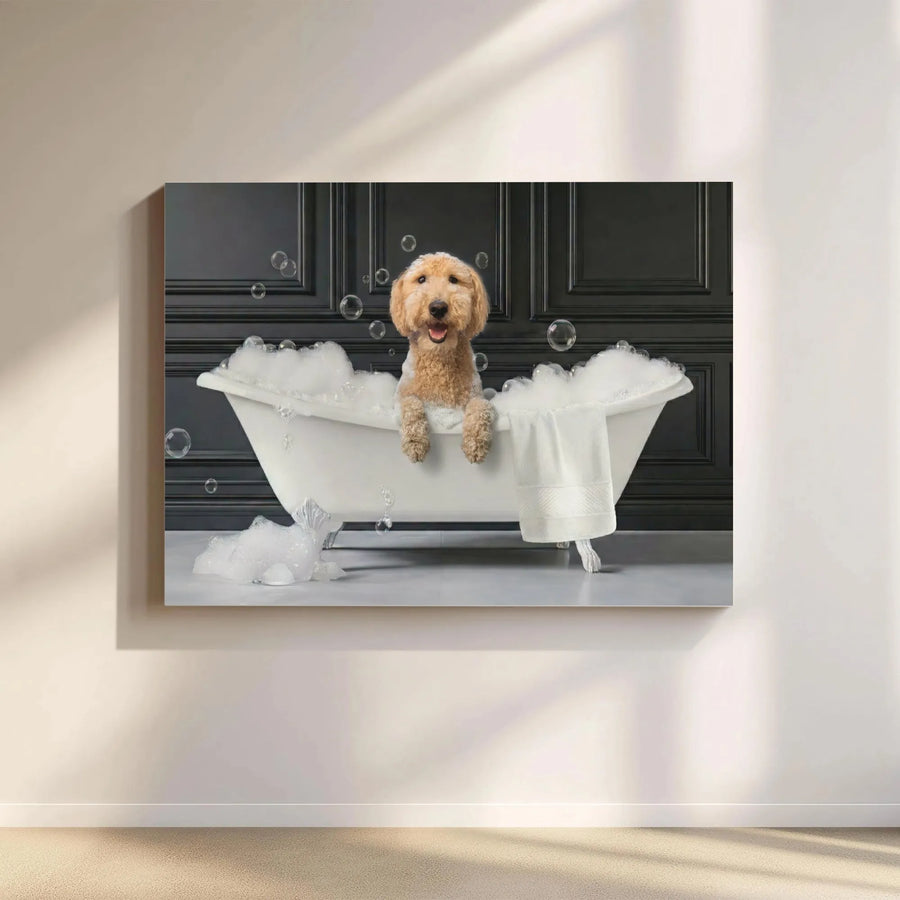 Goldendoodle Canvas Wall Art | Funny Dog in Bathtub Print | Premium Gallery Canvas | Unique Bathroom Decor Gift for Dog Lover