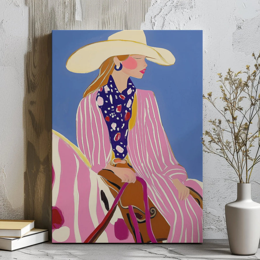 Abstract Cowgirl Canvas Wall Art | Colorful Western Fashion Illustration | Premium Gallery Wrap Decor | Stylish Gift for Modern Home Office