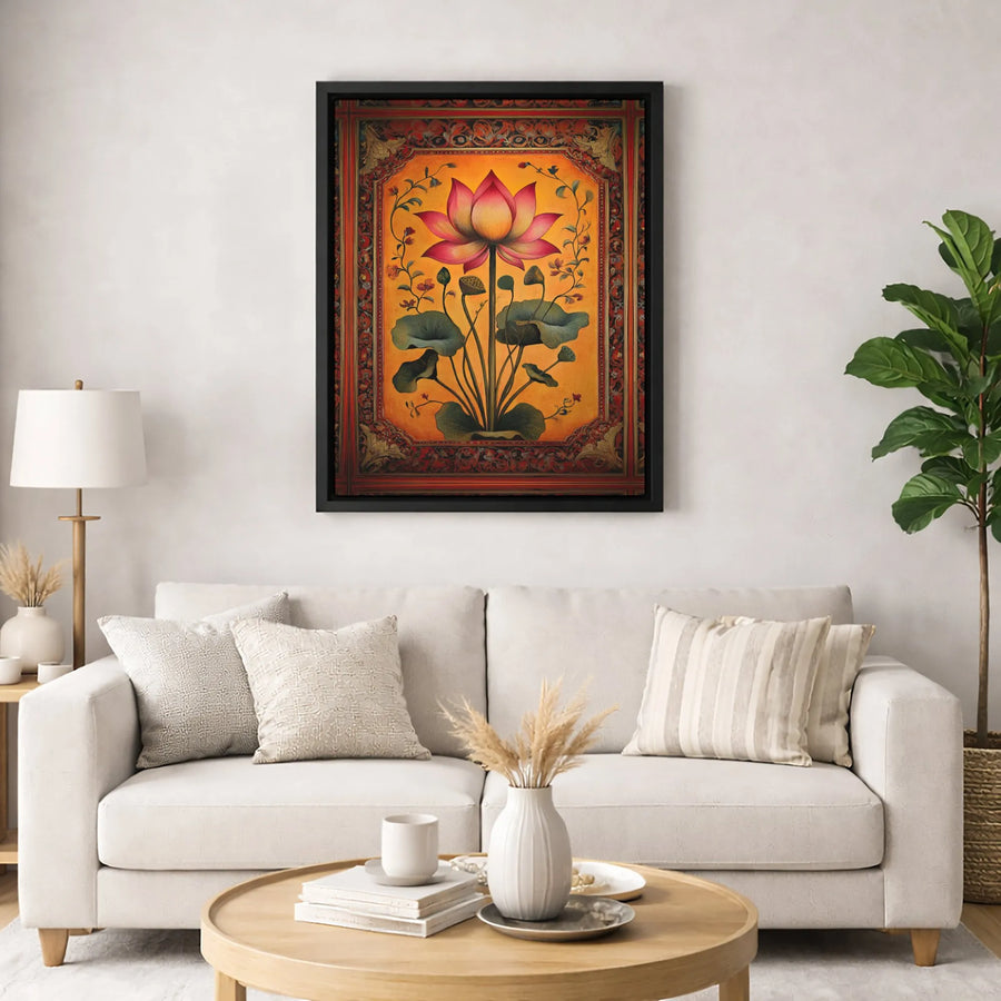 Lotus Flower Wall Art Canvas | Traditional Indian Floral Botanical Print | Premium Fade-Resistant Gallery Wrap | Elegant Home Office Decor Gift