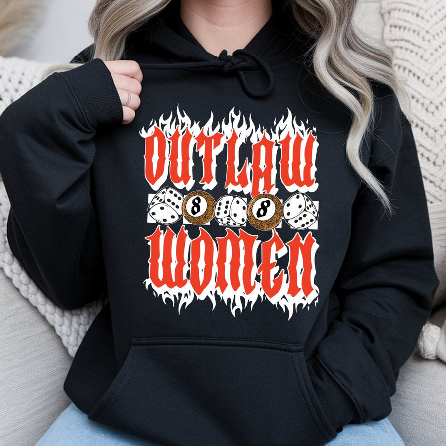 Outlaw Women Hoodie | Flaming Dice and 8-Ball Graphic | Premium Cotton Blend | Edgy Western Style Gift for Her