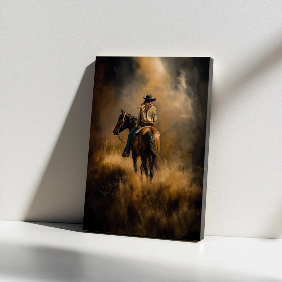 Western Cowgirl Canvas Wall Art | Rustic Horse Rider Oil Painting | 1.25 Inch Gallery Wrap | Country Home Decor Gift