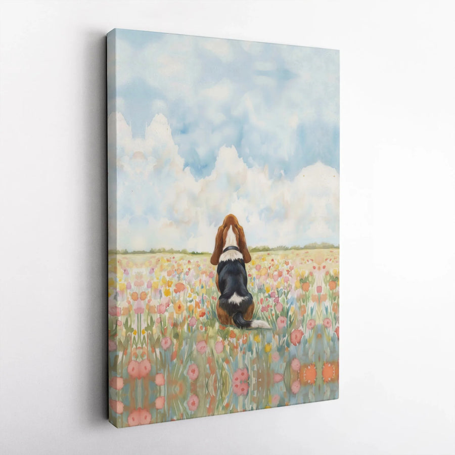 Basset Hound Wall Art | Watercolor Wildflower Meadow Print | Premium 1.25-inch Gallery Wrap Canvas | Dog Lover Home Decor Gift