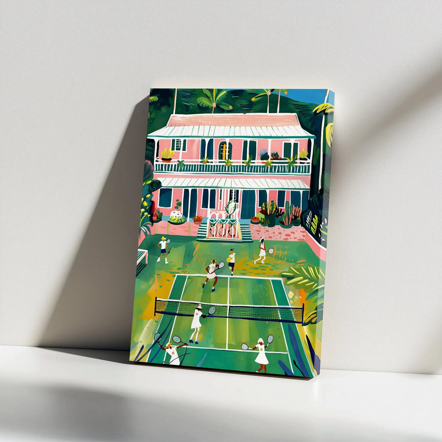 Vintage Tennis Match Vertical Canvas | Vibrant Pink Clubhouse Illustration | Premium Gallery Wrap | Modern Wall Art Gift for Tennis Lover
