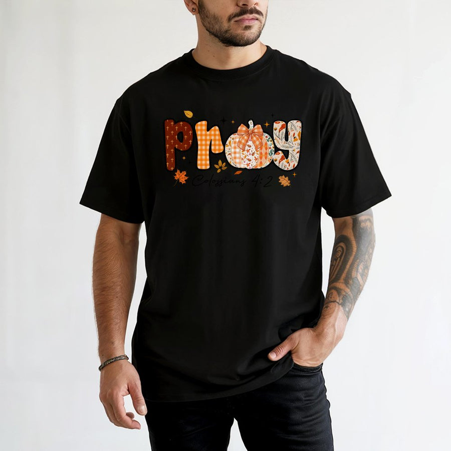Pray Colossians 4:2 Fall T-Shirt | Pumpkin Spice Aesthetic Design | 100% Cotton Premium Tee | Christian Faith Gift for Women