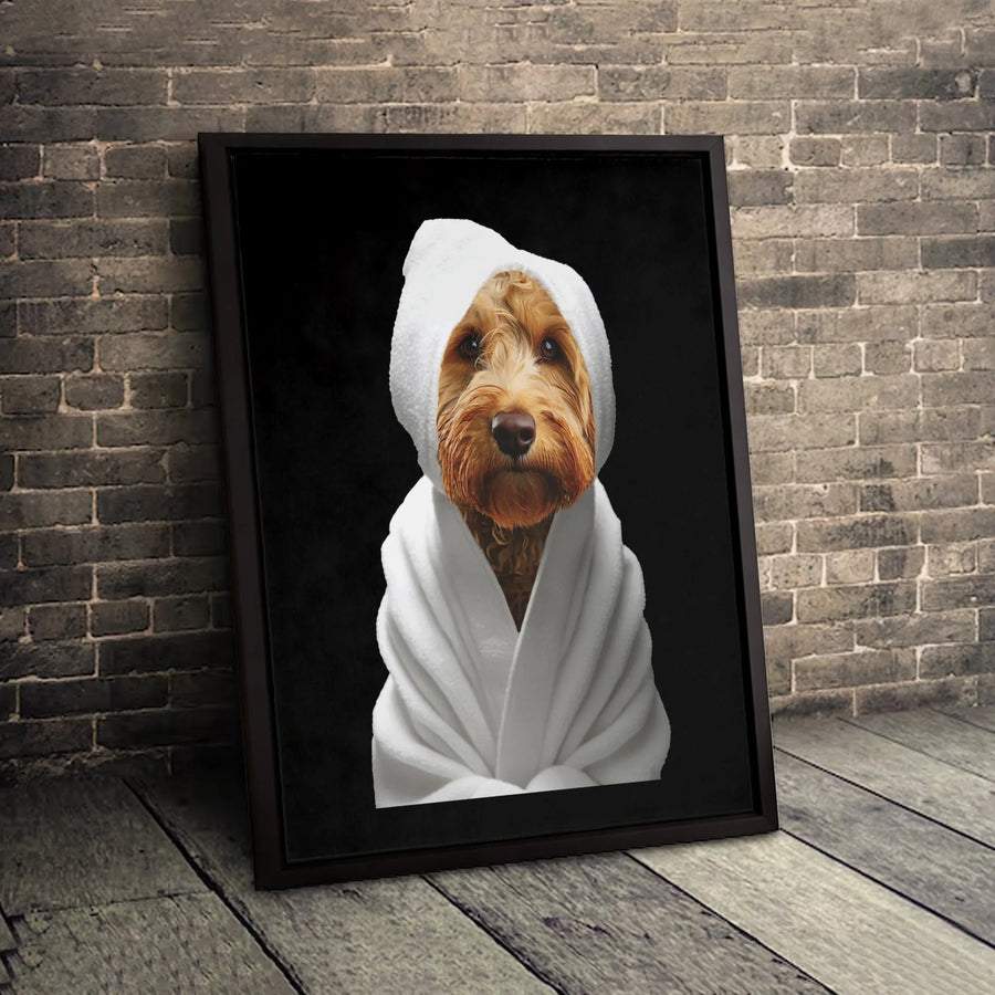 Goldendoodle Dog In Bathrobe Canvas | Funny Animal Bathroom Wall Art | Premium Gallery-Wrapped Portrait | Unique Gift for Dog Lovers