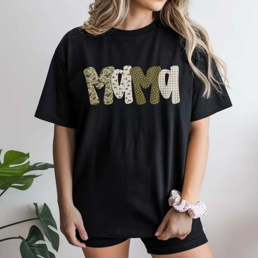 Mama Camo Graphic T-Shirt | Mixed Pattern Mallard Duck Print | 100% Soft Cotton | Trendy Gift for Hunting Moms and Outdoorsy Women