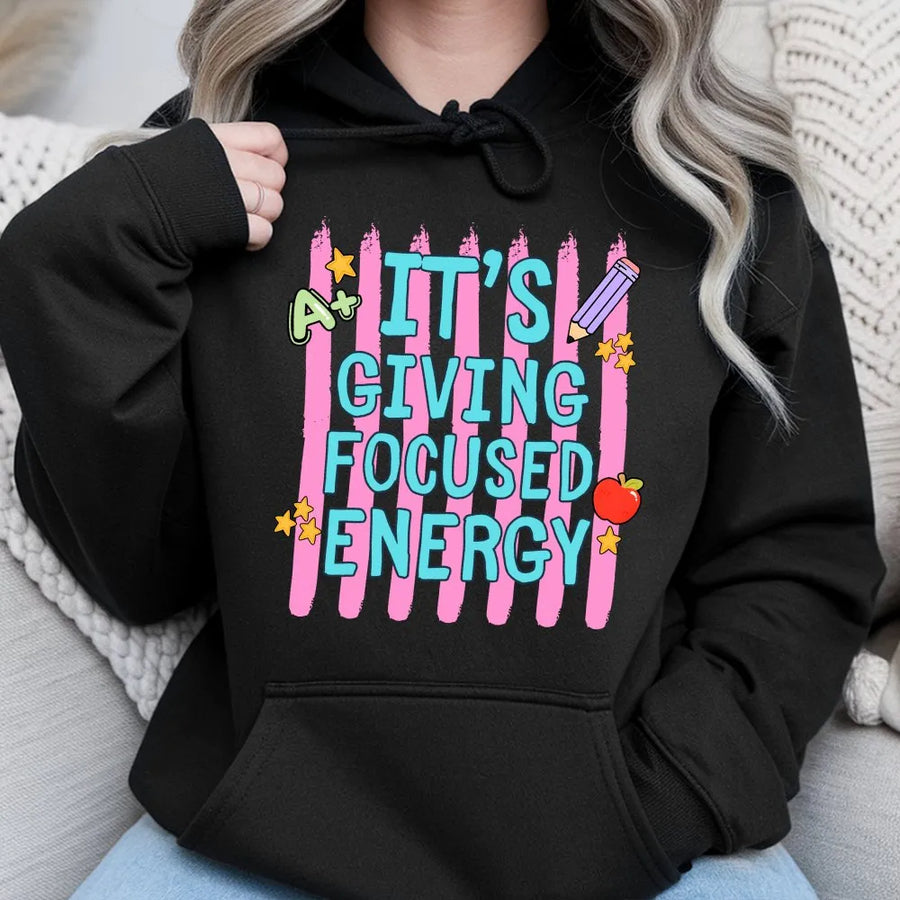 Funny Teacher Hoodie | It's Giving Focused Energy Retro Graphic | Premium Cotton Blend | Back to School Gift for Educators