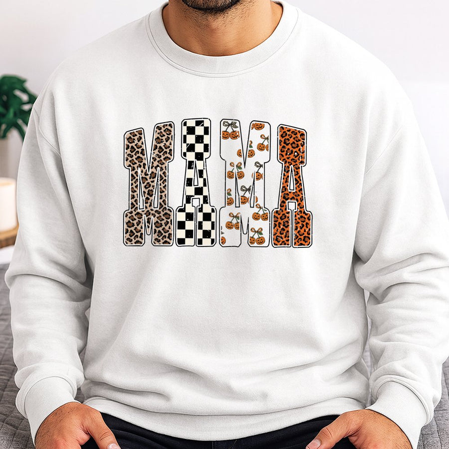 Mama Pumpkin Sweatshirt | Leopard Print & Checkered Fall Graphic | Soft Cotton Blend Crewneck | Trendy Halloween Gift For Mom
