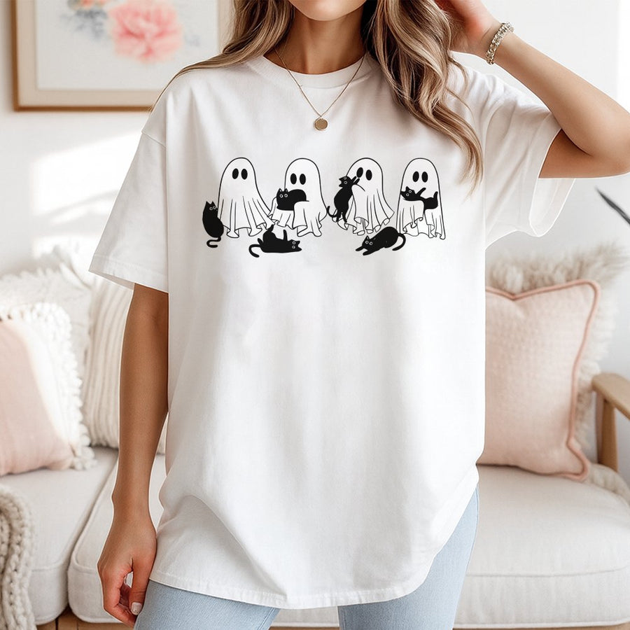 Ghost and Black Cat T-Shirt | Cute Spooky Halloween Graphic Tee | 100% Cotton Premium Quality | Gift for Cat Lovers and Halloween Enthusiasts