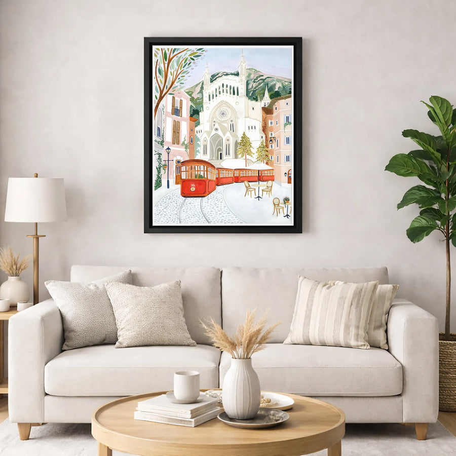 European City Scene Canvas | Red Tram and Cathedral Wall Art | Premium Gallery-Wrapped Print | Travel Inspired Home Decor Gift