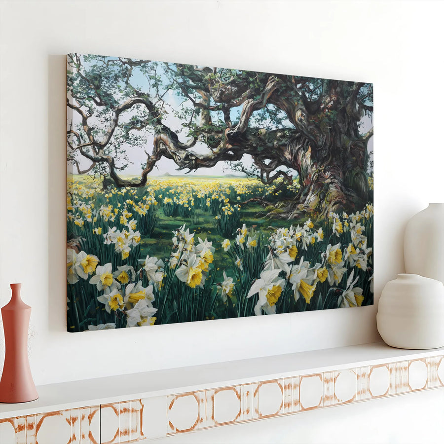 Daffodil Field Wall Art | Gnarled Ancient Tree Painting | Premium Gallery Wrap Canvas | Nature Inspired Home Decor Gift
