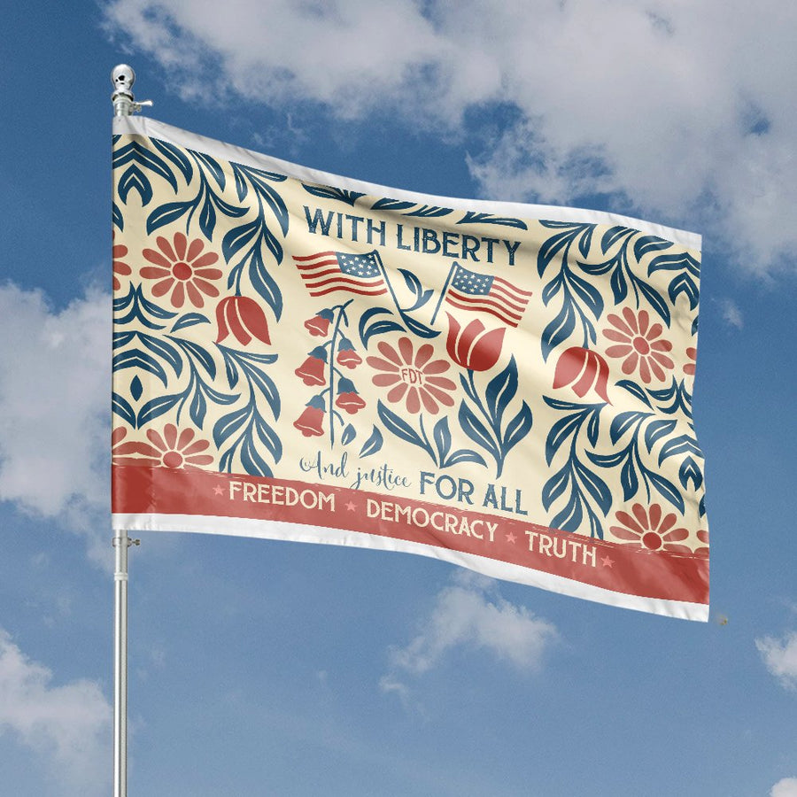 Patriotic House Flag | With Liberty And Justice For All Floral Design | Premium UV-Resistant Polyester | American Garden Decor Gift