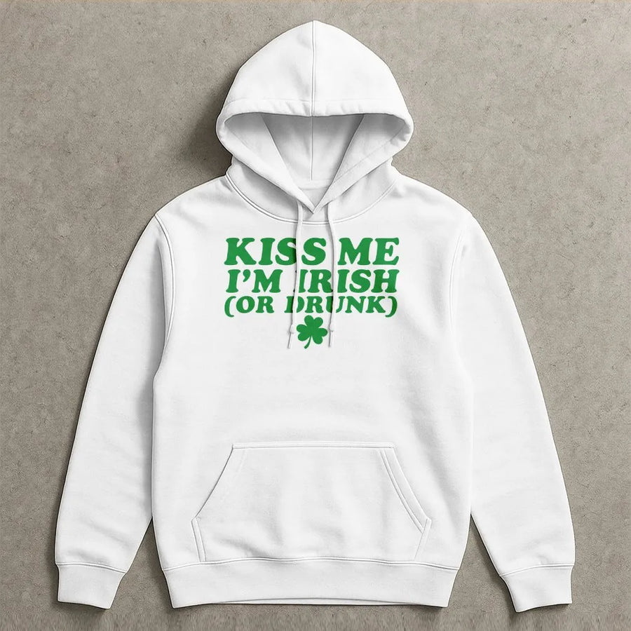 Kiss Me I'm Irish Or Drunk Hoodie | Funny St. Patrick's Day Shamrock Graphic | Premium Cotton Blend | Unisex Gift for Beer Lovers