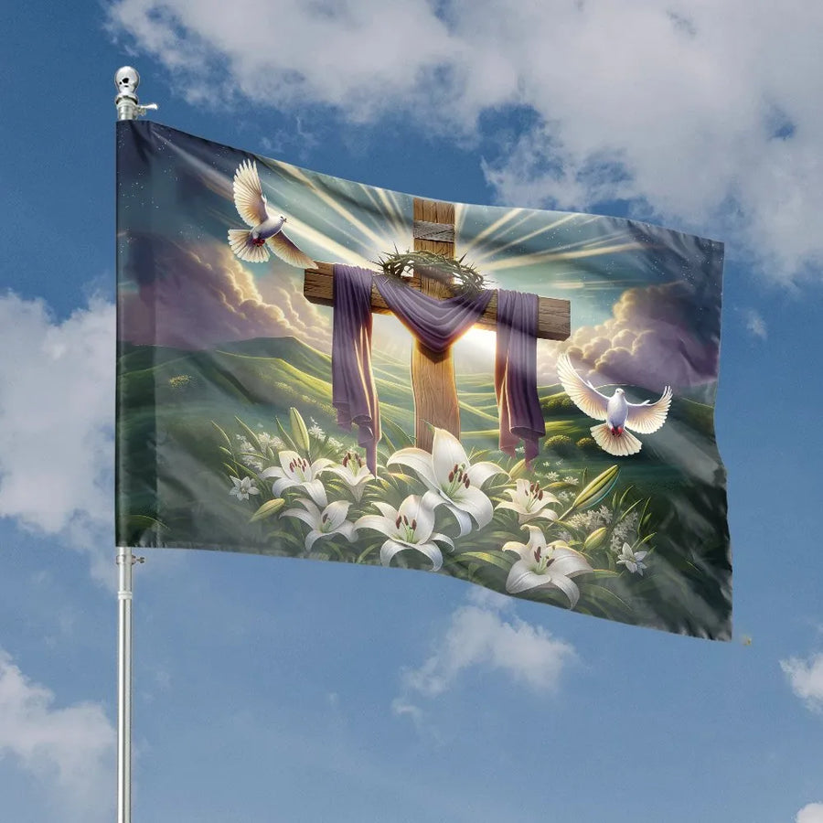 He is Risen Easter House Flag | Jesus Cross with Lilies and Doves | Double Sided Polyester | Religious Yard Decor Gift for Christians