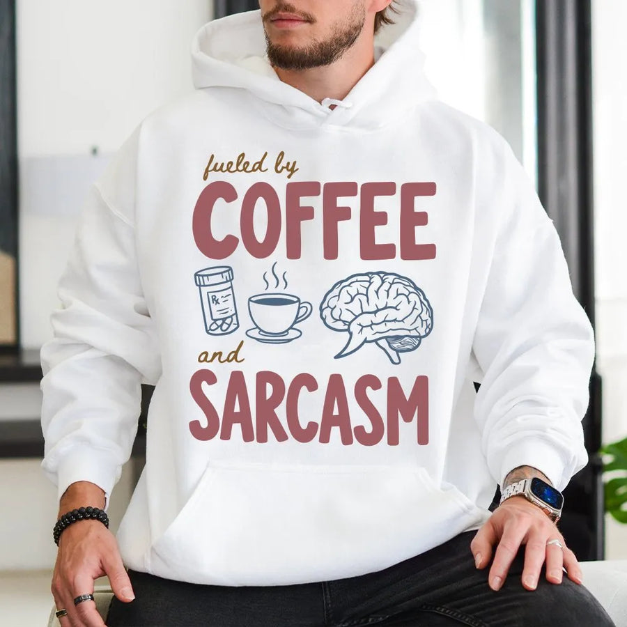 Fueled by Coffee and Sarcasm Hoodie | Funny Medical Humor Graphic | Premium Cotton Blend | Gift for Registered Nurse, Doctor, Medical Student