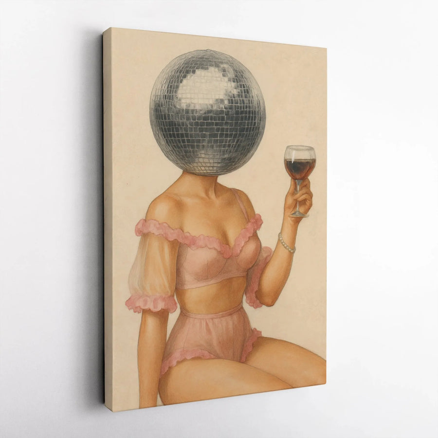 Disco Ball Head Vertical Canvas | Surreal Woman with Wine Glass Art Print | Premium Thick Profile Canvas | Eclectic Bar Cart Decor & Unique Gift