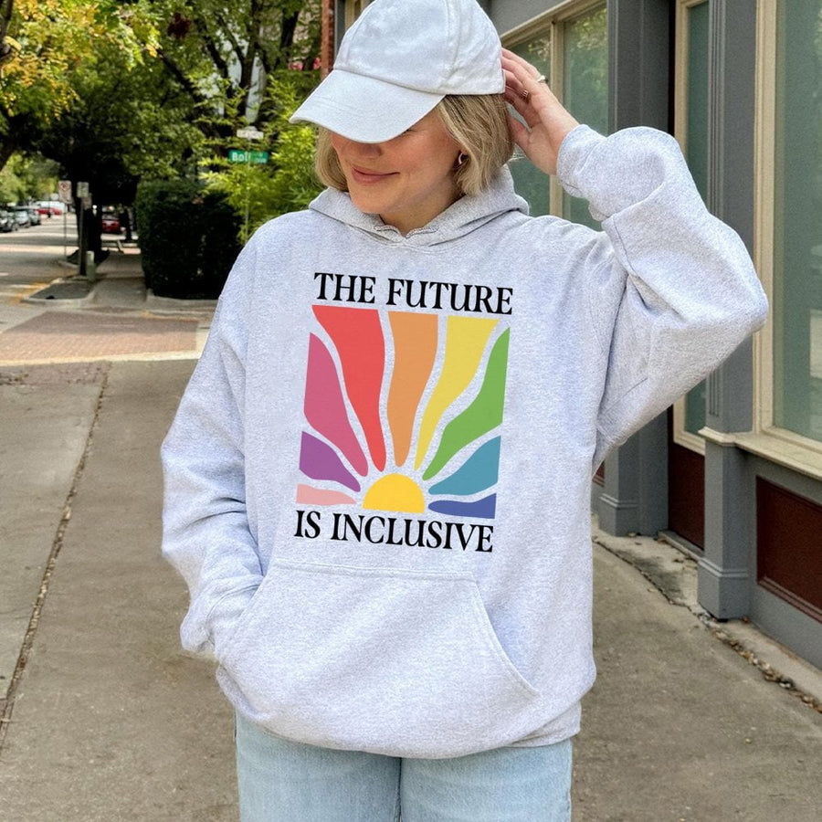 The Future Is Inclusive Hoodie | Retro Rainbow Sun Graphic | Cotton-Poly Blend Premium Sweatshirt | LGBTQ Pride Equality Gift for Activists