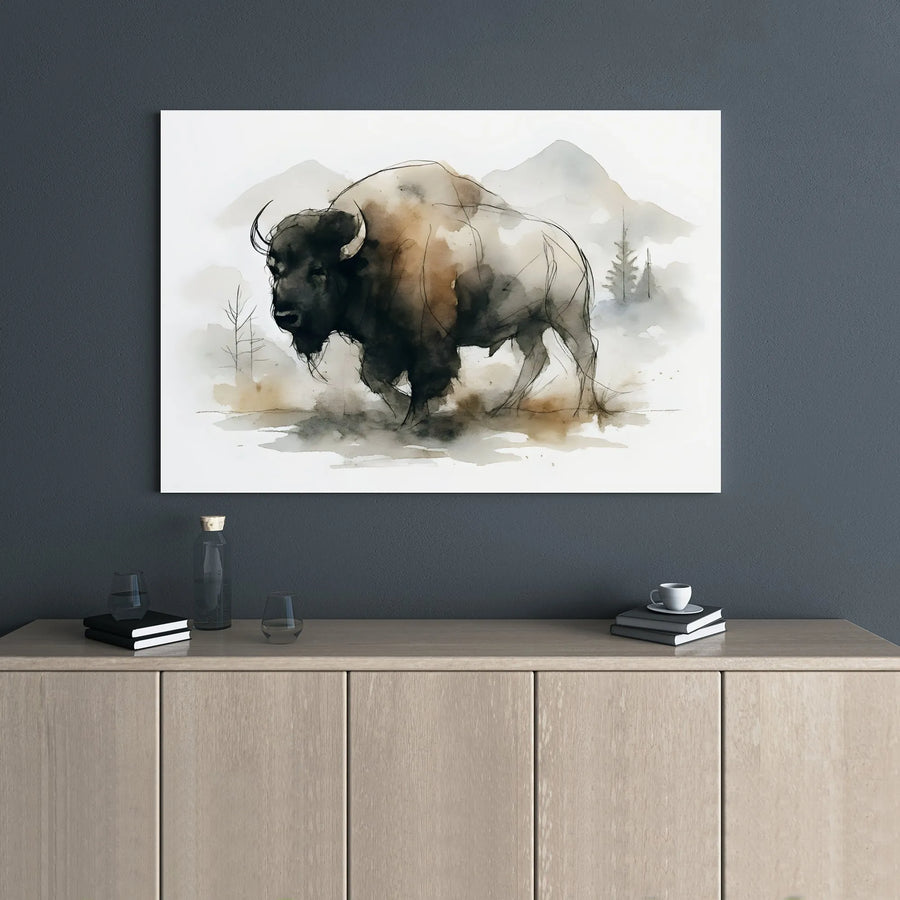 American Bison Canvas Wall Art | Watercolor Wildlife Mountain Landscape | 1.25 Inch Gallery Wrap | Rustic Lodge & Modern Home Decor