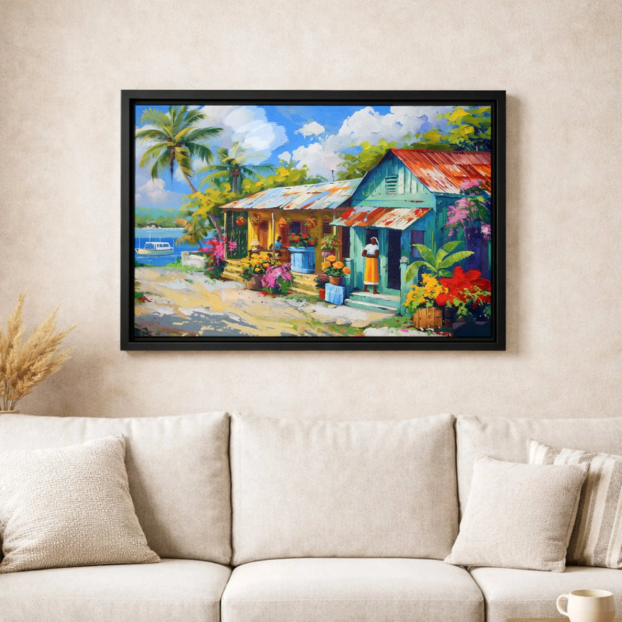Caribbean Village Canvas Wall Art | Tropical Seaside Painting | Premium 1.25-Inch Gallery Wrap | Coastal Decor Gift for Home
