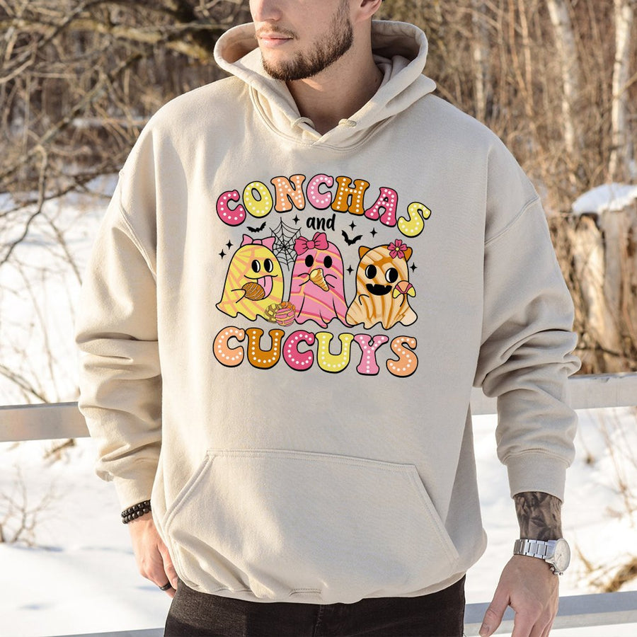 Conchas and Cucuy Hoodie | Cute Mexican Ghost Halloween Graphic | Premium Cotton Blend Sweatshirt | Spooky Fall Gift for Her