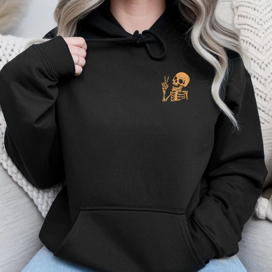 Peace Sign Skeleton Hoodie | Minimalist Chest Graphic | Premium Soft Cotton Tee | Unisex Edgy Streetwear Gift