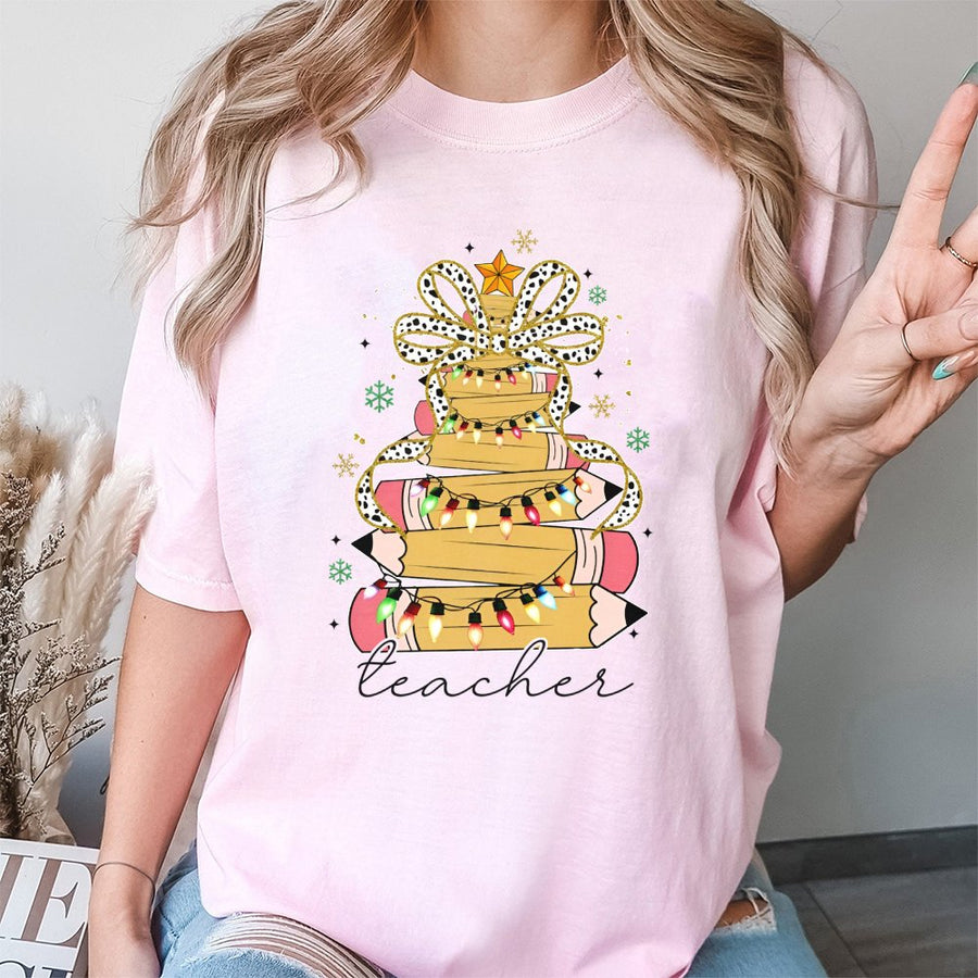 Teacher Christmas Shirt | Pencil Tree with Coquette Bow Graphic | Premium Soft Cotton Tee | Cute Festive Gift for Teachers and Educators
