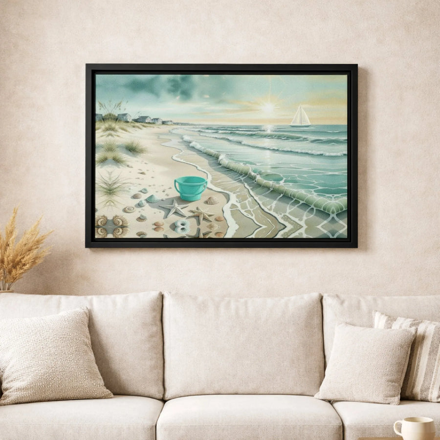 Coastal Beach Canvas Wall Art | Serene Sailboat Seascape with Seashells | Premium 1.25-inch Thick Gallery Wrap | Relaxing Decor for Home or Office Gift
