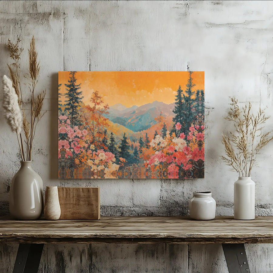 Mountain Valley Landscape Canvas Print | Vibrant Floral Forest Art | Premium Gallery Wrapped Decor | Nature Lover Living Room Wall Art