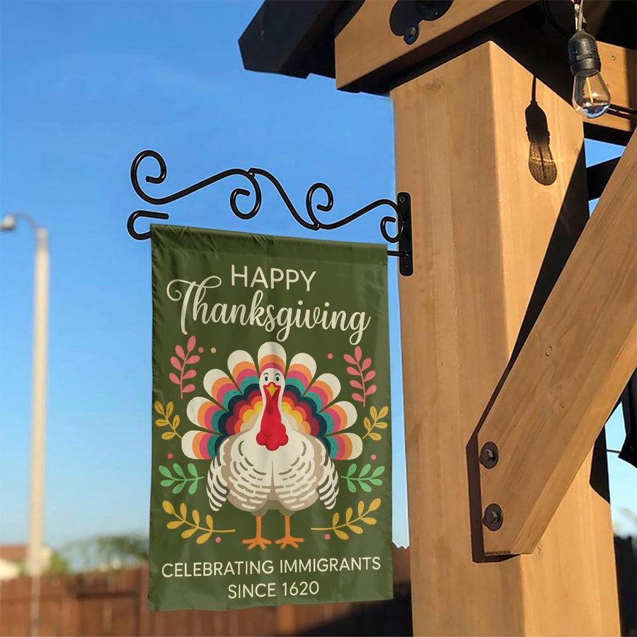 Thanksgiving Garden Flag | Retro Turkey Celebrating Immigrants Since 1620 | Weather-Resistant Polyester | Holiday Yard Decor Gift