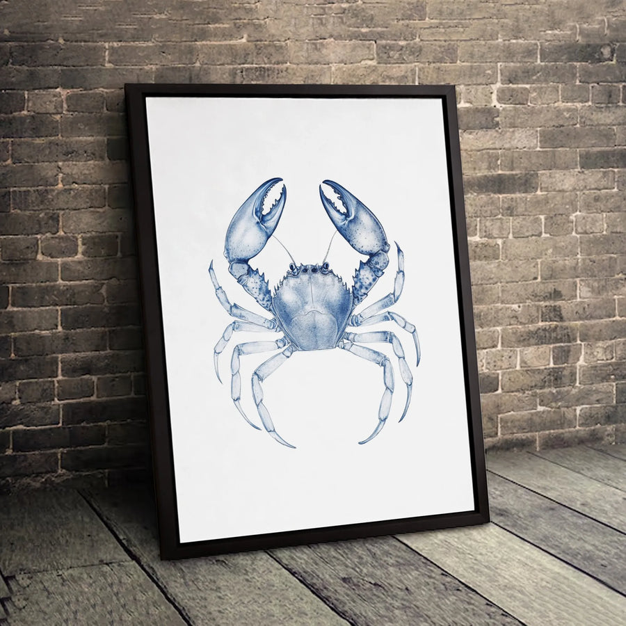 Blue Crab Nautical Canvas Wall Art | Coastal Navy Sketch Illustration | Premium Gallery-Wrapped Print | Elegant Beach House Decor Gift
