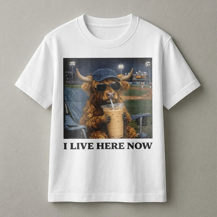Highland Cow Baseball T-Shirt | Funny 'I Live Here Now' Graphic | Soft Cotton Blend | Gift for Baseball and Softball Moms