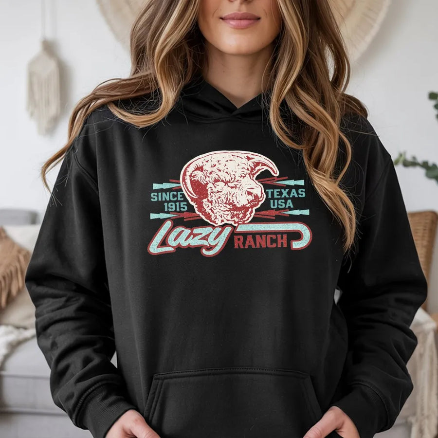 Lazy J Ranch Hoodie | Vintage Texas Ram Skull Graphic | Soft Cotton Western Wear | Gift for Cowboy or Rancher