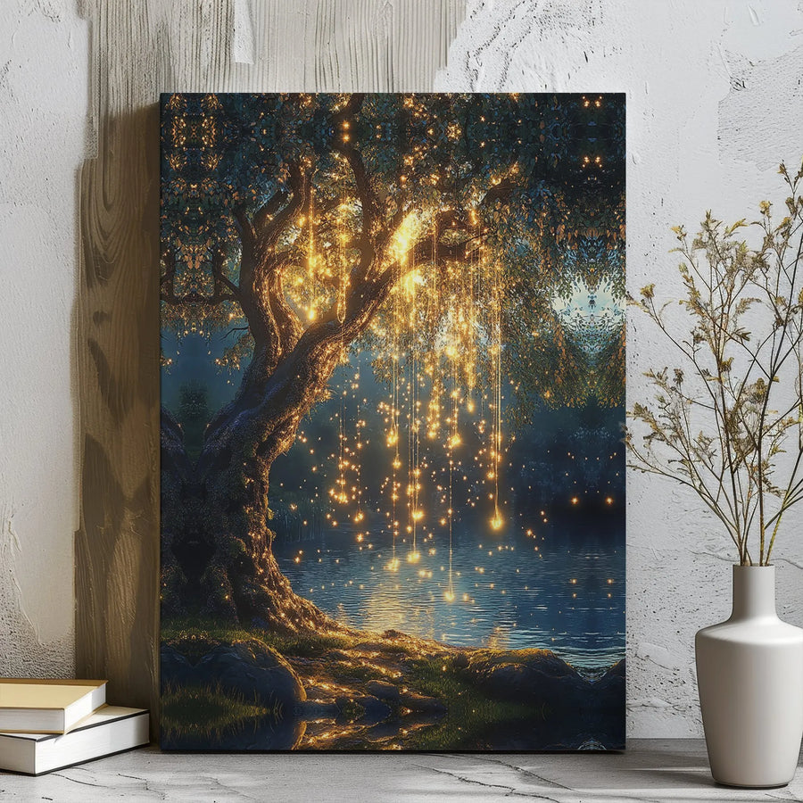 Enchanted Forest Canvas Wall Art | Glowing Fairy Lights Tree Over Lake | Premium Gallery Wrap Print | Whimsical Home Decor Gift