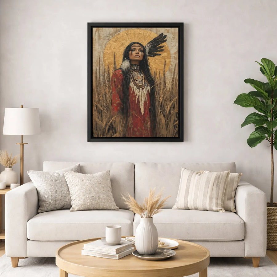 Native American Woman Wall Art | Golden Halo Wheat Field Portrait | Premium Gallery Wrapped Canvas | Spiritual Home Decor Gift