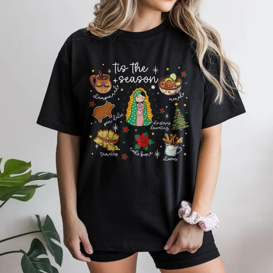 Mexican Christmas T-Shirt | Tis The Season Virgencita Graphic | Premium Cotton Unisex Tee | Feliz Navidad Holiday Gift for Her