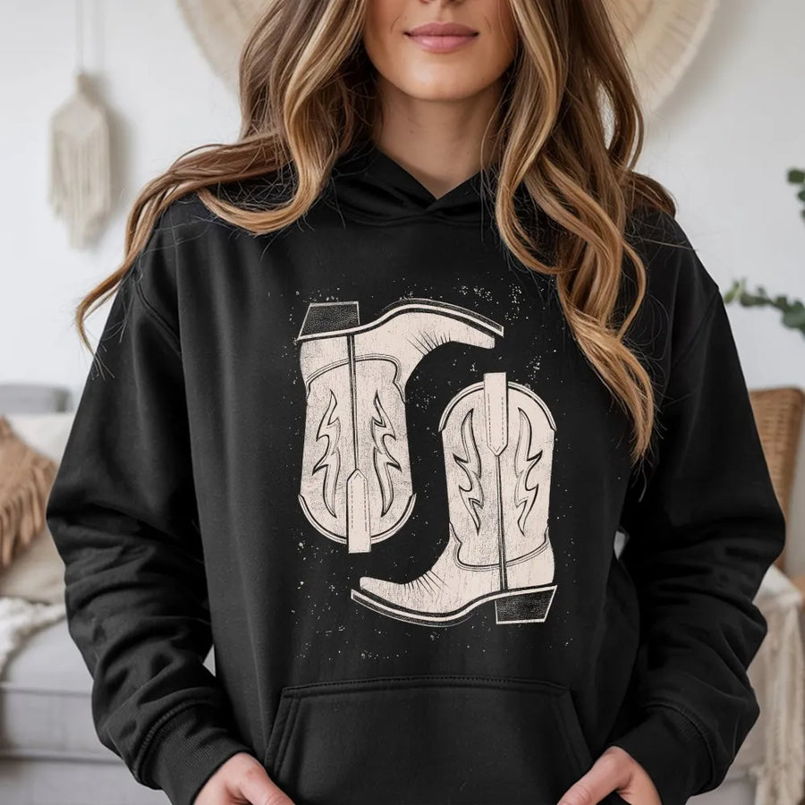 Cowgirl Boots Hoodie | Retro Western Graphic Sweatshirt | Premium Cotton Blend Pullover | Country Rodeo Gift for Her