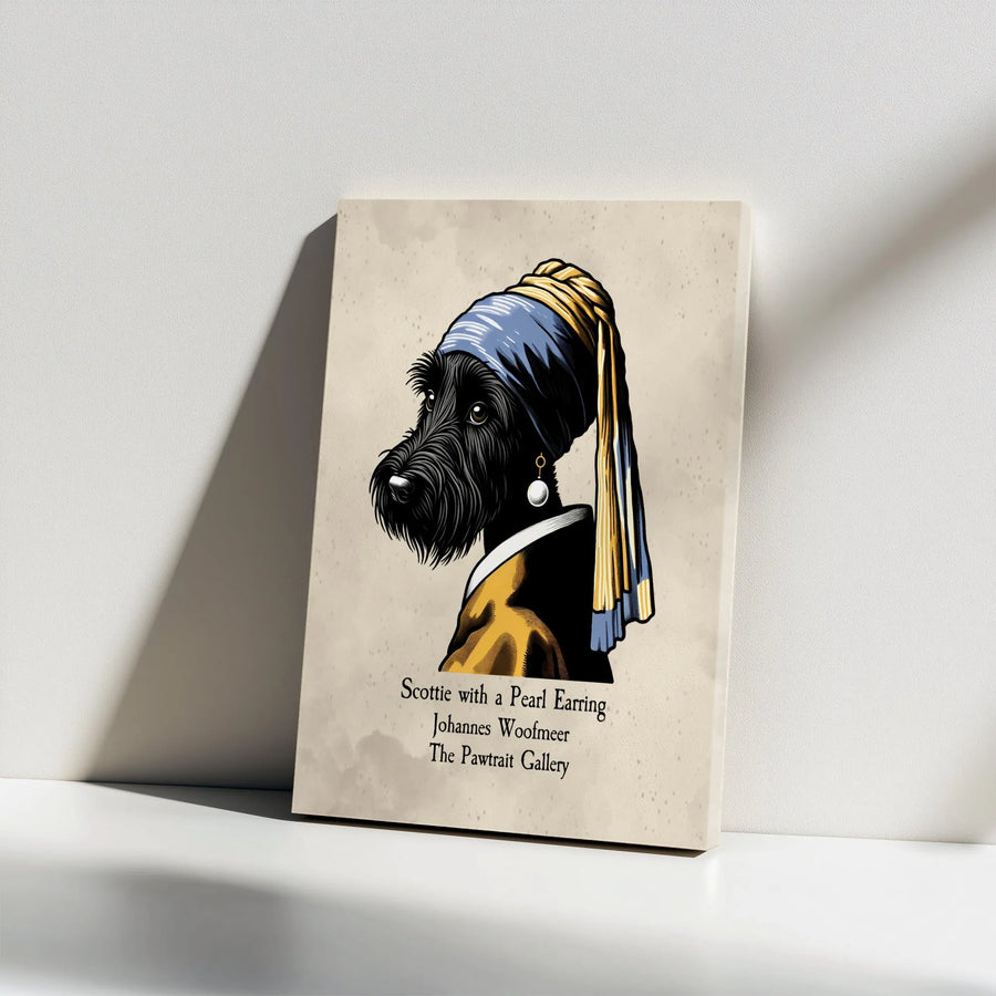 Scottie with a Pearl Earring Wall Art | Funny Scottish Terrier Vermeer Parody | Premium Stretched Canvas | Collector's Gift for Dog Lovers