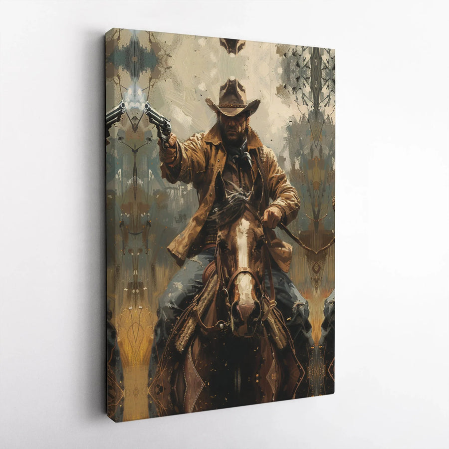 Western Cowboy Canvas Art | Gunslinger Riding Horse Poster | Rustic Gallery Wrap Print | Gift for Men Home Office Decor