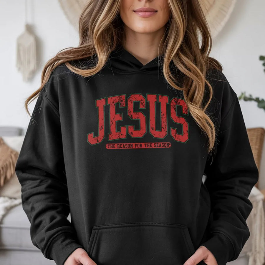 Jesus The Reason For The Season Hoodie | Retro Varsity Text Design | Premium Cotton Blend | Christian Christmas Gift for Men and Women