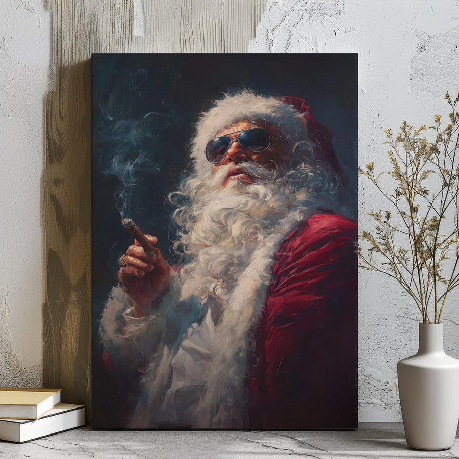Cool Santa Claus Canvas Wall Art | Smoking Cigar with Sunglasses | Premium Gallery Wrap Decor | Unique Christmas Gift for Him