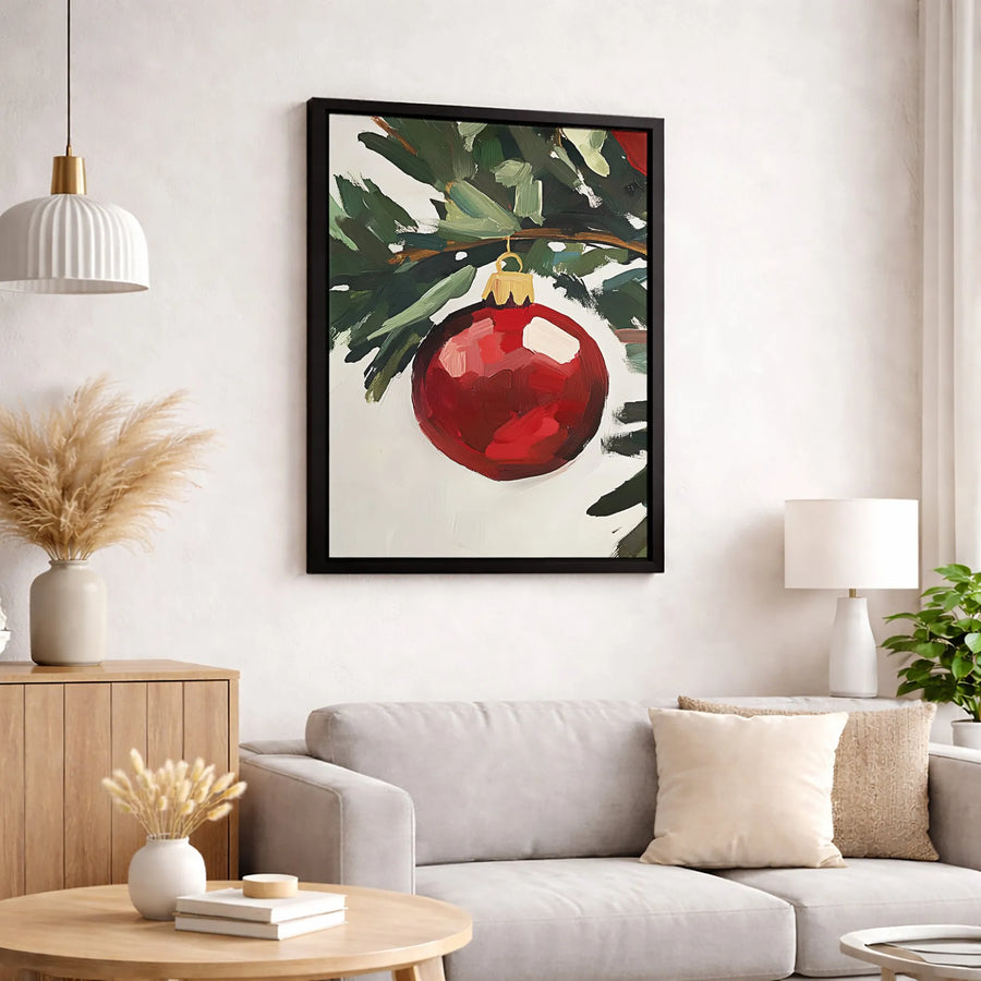 Christmas Ornament Wall Art | Red Bauble Pine Branch Painting | Premium Gallery-Wrapped Canvas | Holiday Home Decor Gift