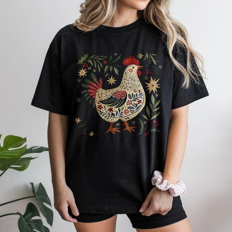 Christmas Chicken T-Shirt | Folk Art Rooster Design | Premium 100% Cotton | Festive Holiday Gift for Chicken Lovers