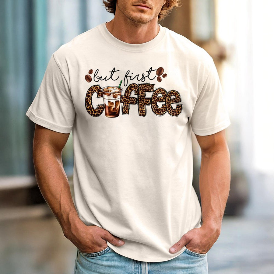 But First Coffee T-Shirt | Leopard Print Iced Coffee Graphic Tee | 100% Cotton Premium Unisex Shirt | Cute Caffeine Lover Gift For Her