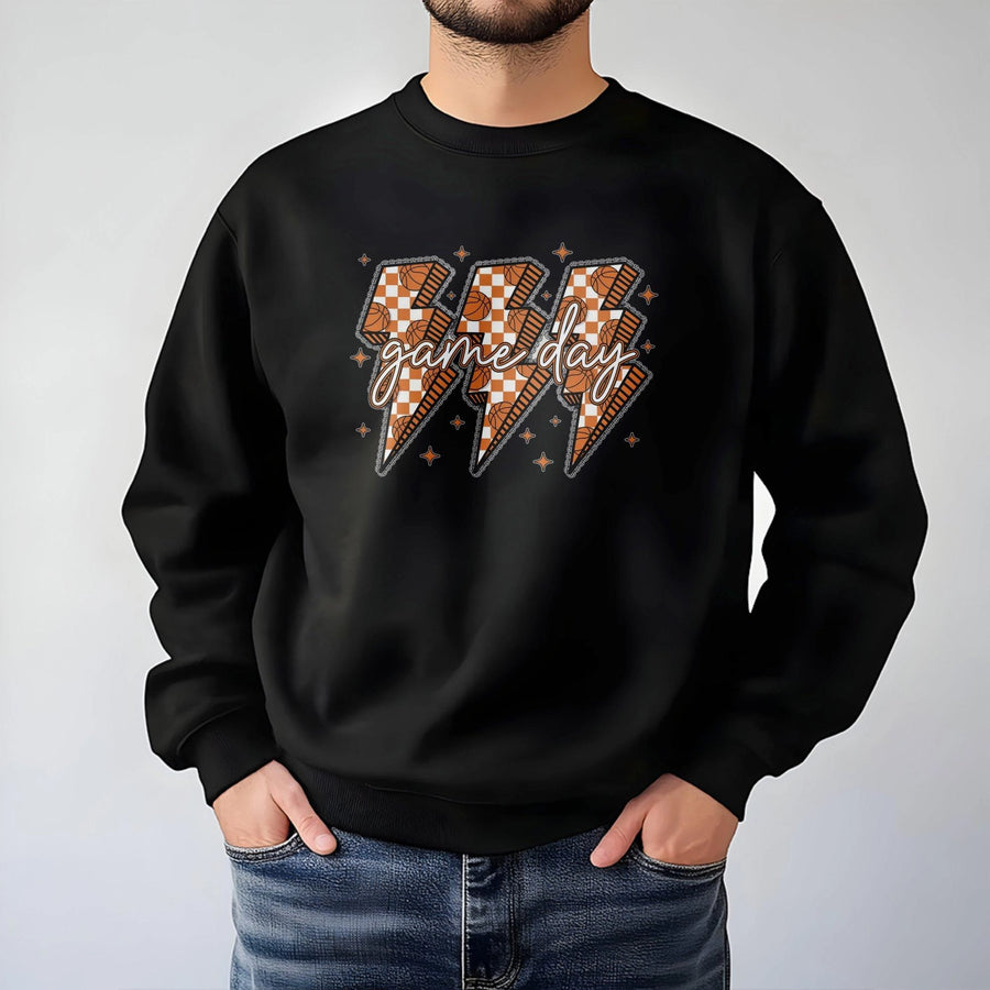 Game Day Basketball Sweatshirt | Retro Checkerboard Lightning Bolt Design | Premium Cotton Blend | Sports Fan Gift for Men and Women
