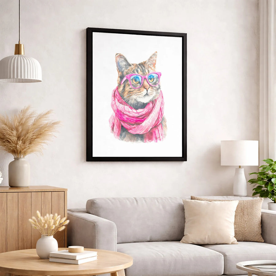 Watercolor Tabby Cat Canvas | Hipster Pet Art with Pink Glasses | Gallery-Quality 1.25-Inch Profile | Whimsical Animal Wall Decor Gift