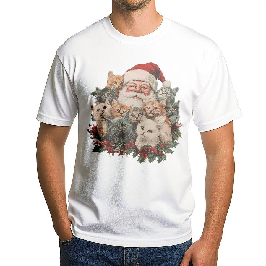 Santa Claus and Kittens Christmas T-Shirt | Vintage Style Cute Cat Lover Graphic Tee | 100% Premium Cotton | Festive Holiday Gift for Women and Men