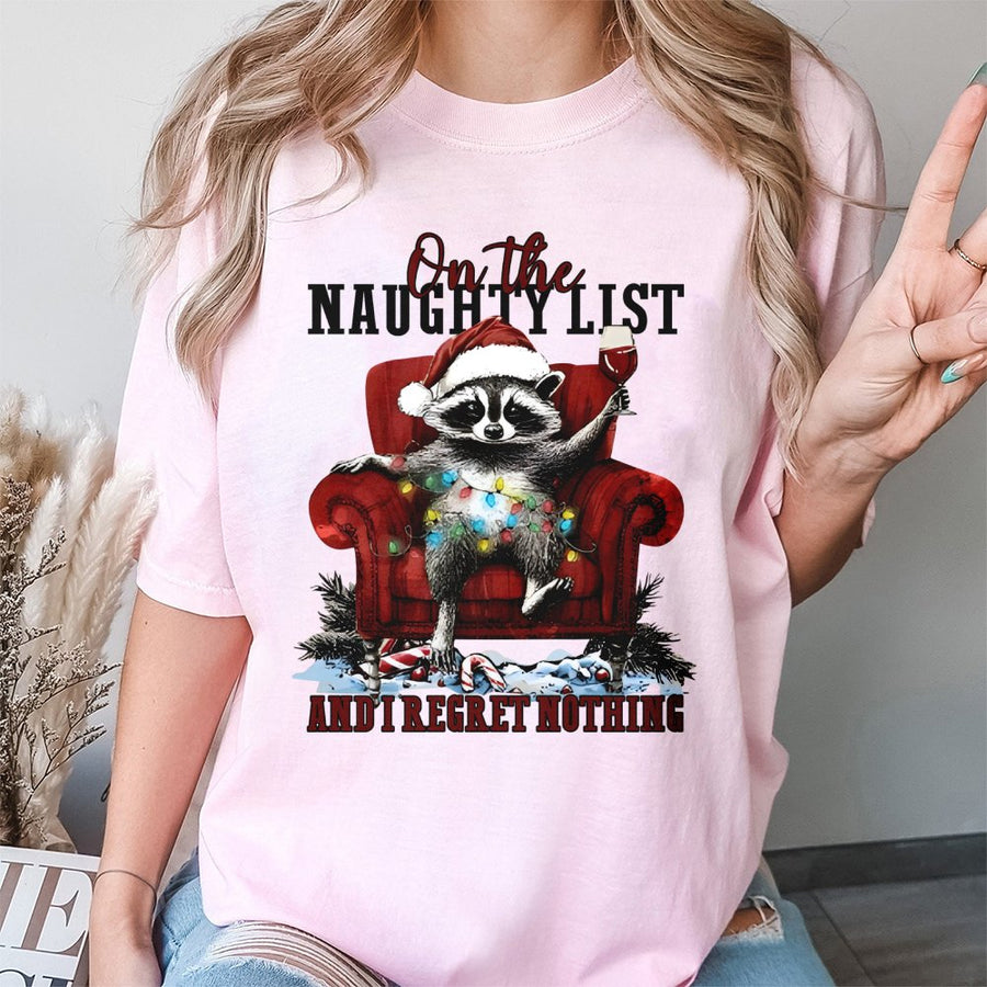 Funny Raccoon Christmas T-Shirt | On The Naughty List And I Regret Nothing Graphic | Premium Soft Cotton | Unisex Holiday Gift For Men And Women