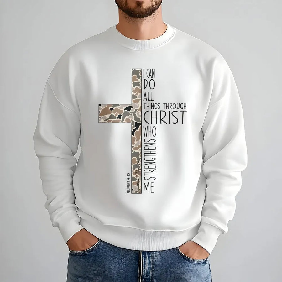 I Can Do All Things Through Christ Sweatshirt | Camo Cross Bible Verse Design | Premium Cotton Blend Crewneck | Inspirational Christian Gift for Women