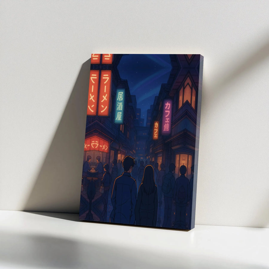 Japanese City Night Canvas Print | Aesthetic Anime Couple Street View | Gallery-Wrap Premium Canvas Wall Art | Urban Decor Gift For Anime Fans